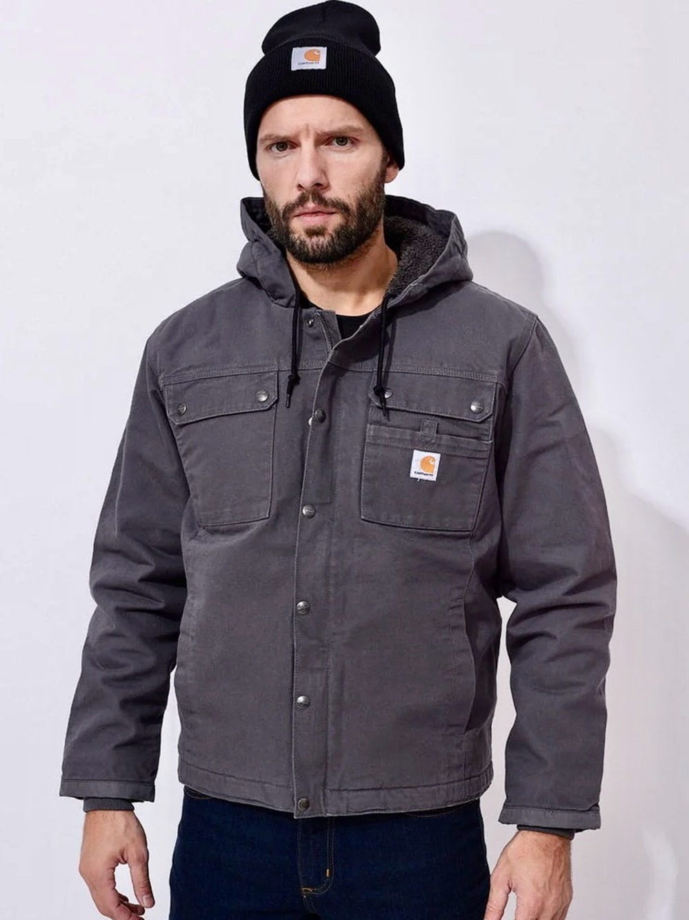 Carhartt Gray Sherpa Lined Work Washed Duck Bartlett Jacket Size Small Outdoor